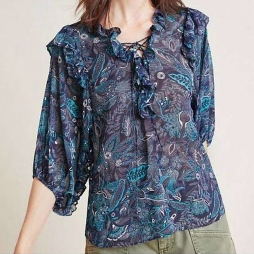 Anthropologie Haida Blue Floral Peasant Top